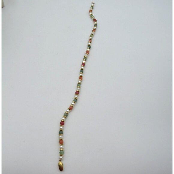 Beaded Necklace Faux Pearl Glass Carved Beads Multicolor Gold Tone Spacers Oval - Picture 7 of 13